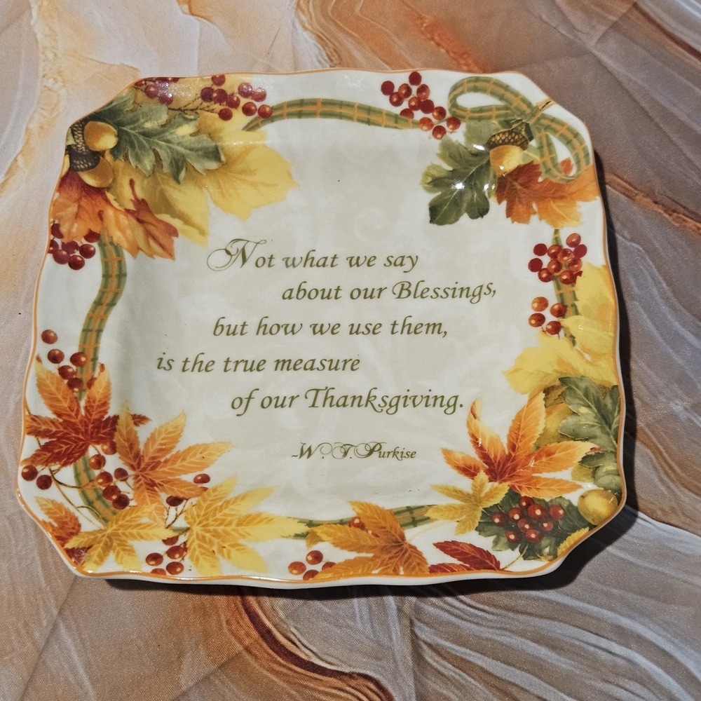 222 Fifth Autumn Celebration Thanksgiving 9" Square Plate Fall Quote Fine China